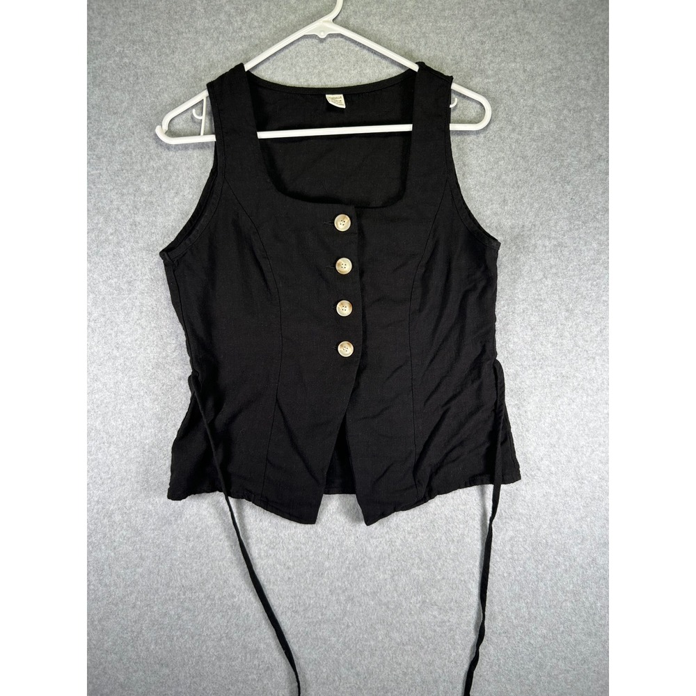 DMG*Poeselle Women Black Button Down Vest Top Square Neck Side Tie Size L 8/10